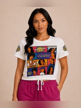 ON FIRE Women’s Medium White Graphic Crop T-Shirt Pop Art Good Vibes 100% Cotton